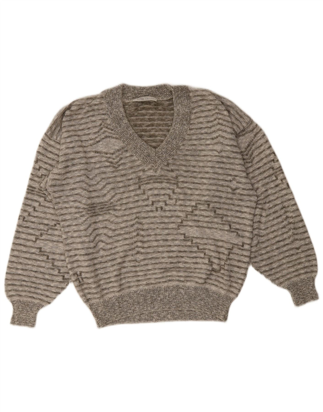 Vintage Mens V-Neck Jumper Sweater Medium Grey Striped