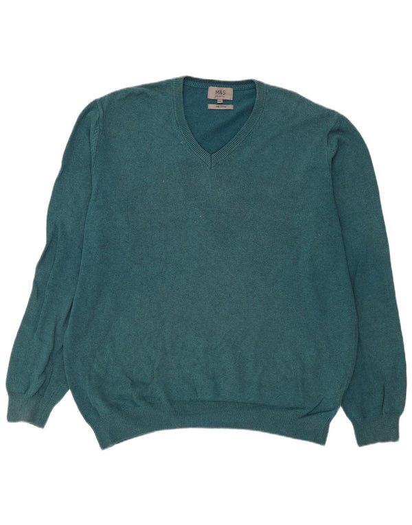 Marks & Spencer Mens V-Neck Jumper Sweater 2XL Blue Cotton