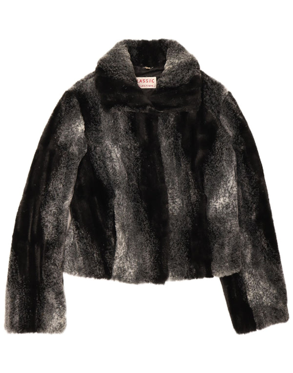 CLASSIC Womens Crop Faux Fur Jacket UK 12 Medium Black Striped Acrylic