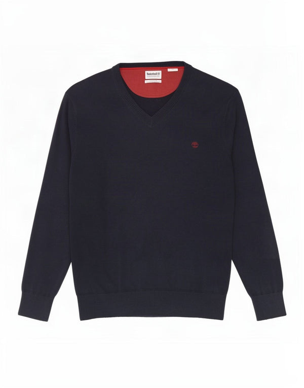 Timberland Mens V-Neck Jumper Sweater Medium Navy Blue Cotton