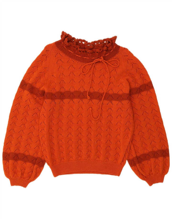 VINTAGE Womens Crop Turtle Neck Jumper Sweater UK 10 Small Orange Striped