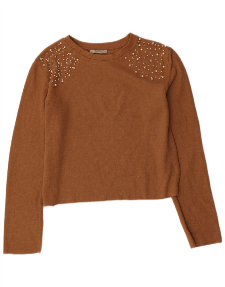 ZARA Womens Crop Crew Neck Jumper Sweater UK 16 Large Brown