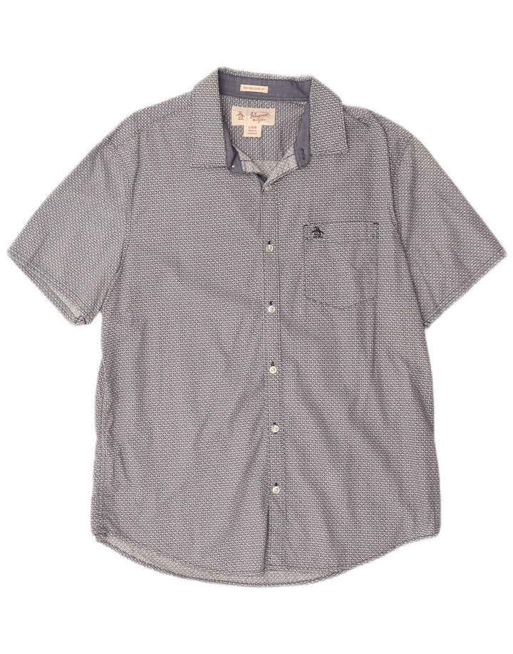 PENGUIN Mens Heritage Slim Fit Short Sleeve Shirt Large Blue Geometric