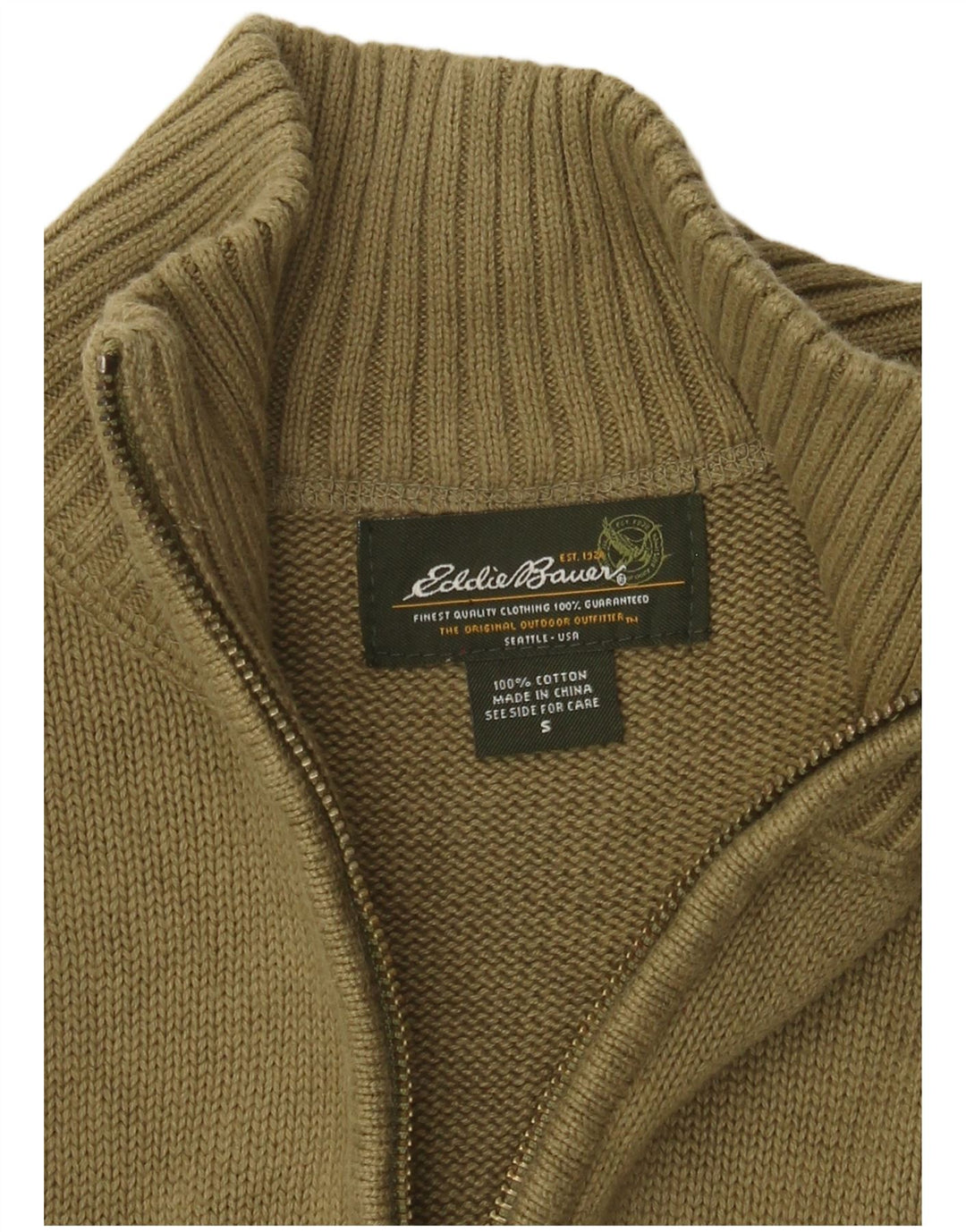EDDIE BAUER Mens Zip Neck Jumper Sweater Small Khaki Cotton