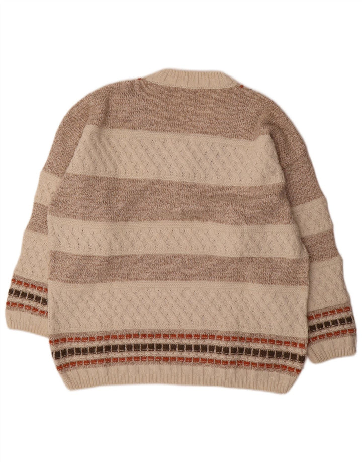Vintage Mens V-Neck Jumper Sweater Medium Beige Striped Wool