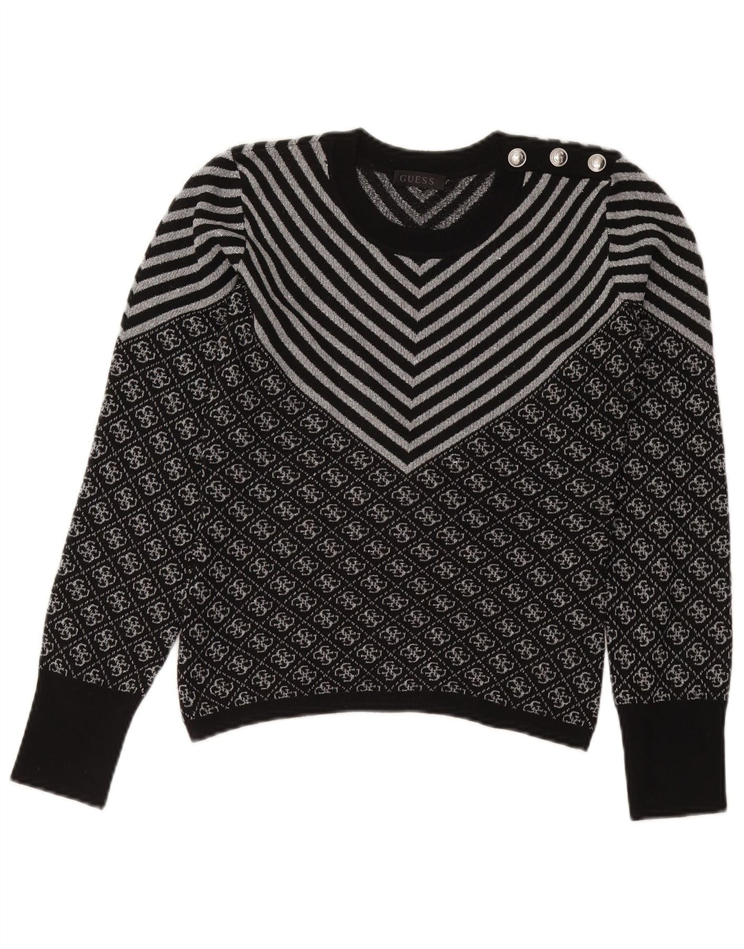GUESS Womens Crew Neck Jumper Sweater UK 6 XS Black Chevron Polyester