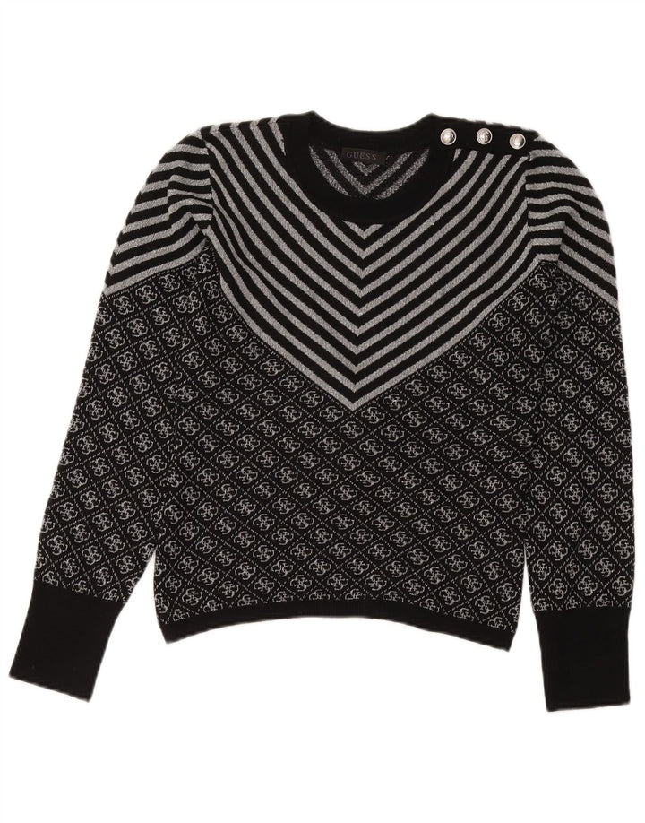 GUESS Womens Crew Neck Jumper Sweater UK 6 XS Black Chevron Polyester