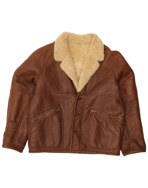 Vintage Mens Shearling Jacket IT 52 XL Brown Leather