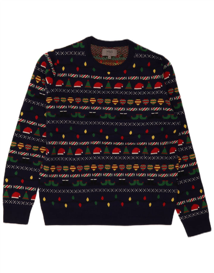 Marks & Spencer Mens Crew Neck Jumper Sweater Medium Navy Blue Christmas