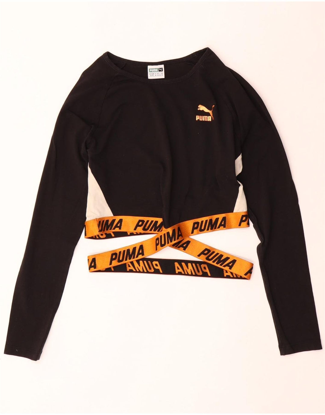 PUMA Womens Crop Graphic Top Long Sleeve UK 16 Large  Black Colourblock