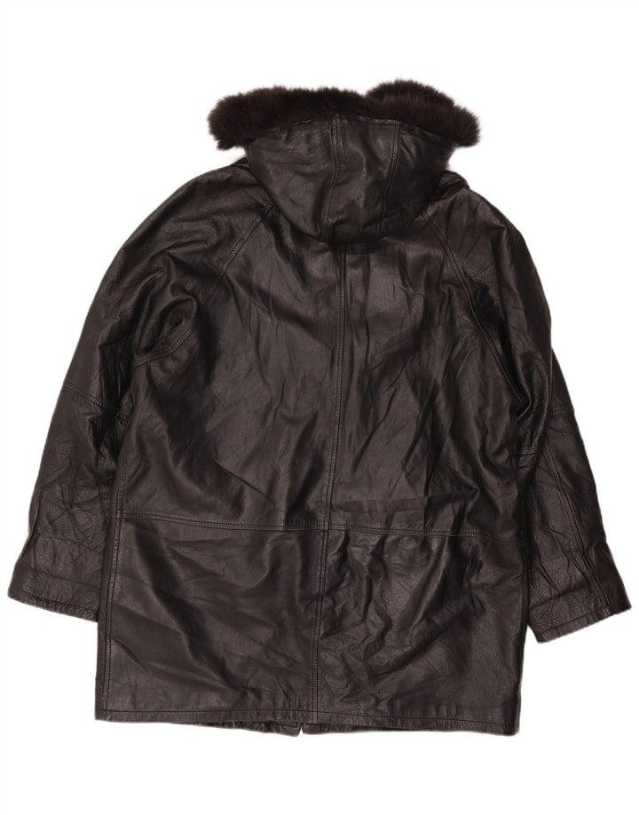 Vintage Womens Loose Fit Hooded Leather Coat UK 18 XL Black Leather