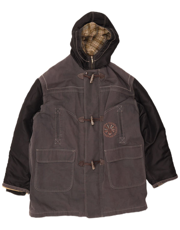 VINTAGE Mens Hooded Duffle Coat UK 42 XL Grey Colourblock Cotton