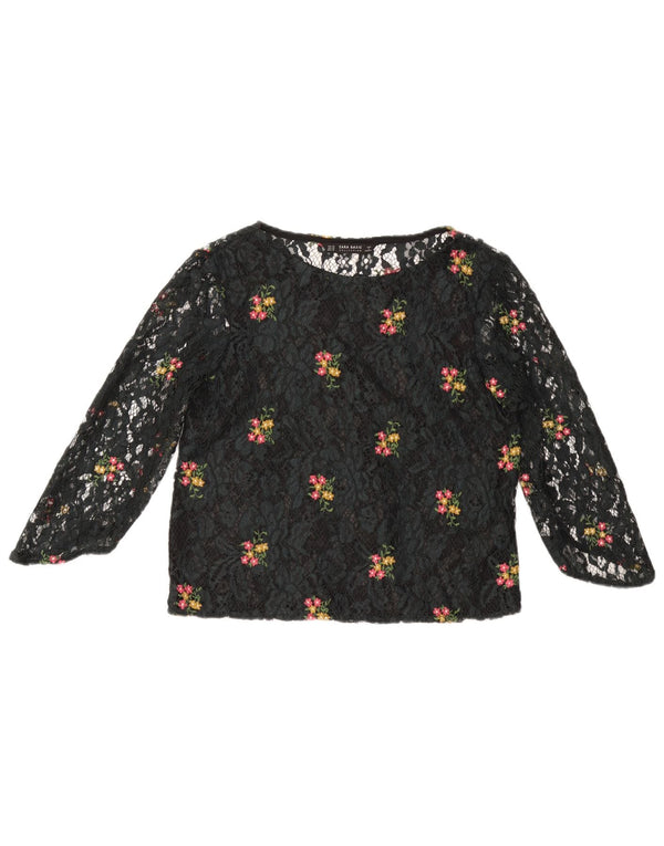 ZARA Womens 3/4 Sleeve Lace See Through Top UK 6 XS Navy Blue Floral