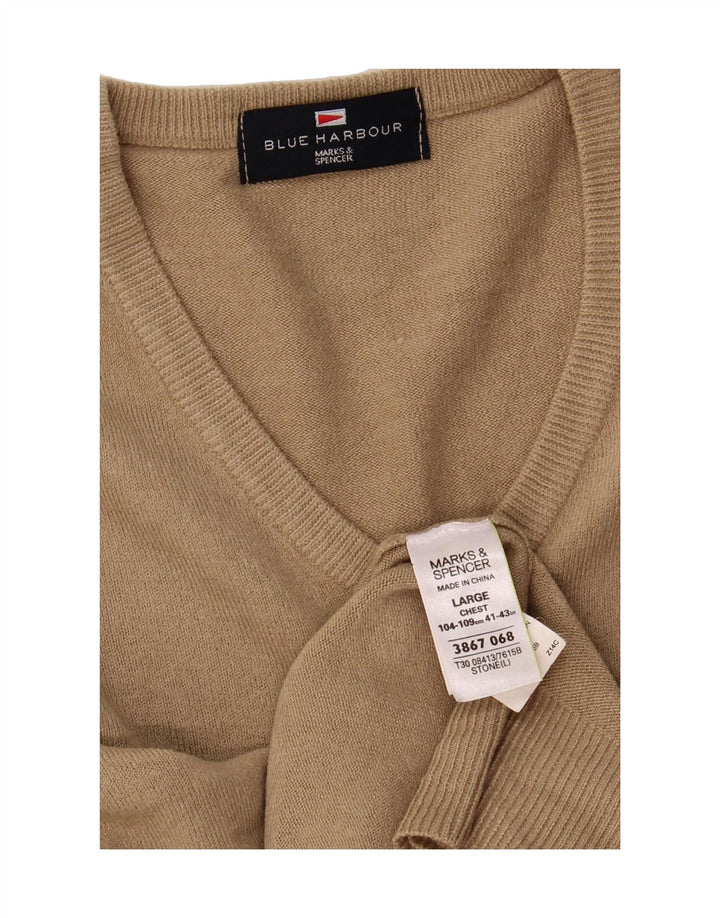 MARKS & SPENCER Mens V-Neck Jumper Sweater Large Beige Acrylic Vintage Marks & Spencer and Second-Hand Marks & Spencer from Messina Hembry 