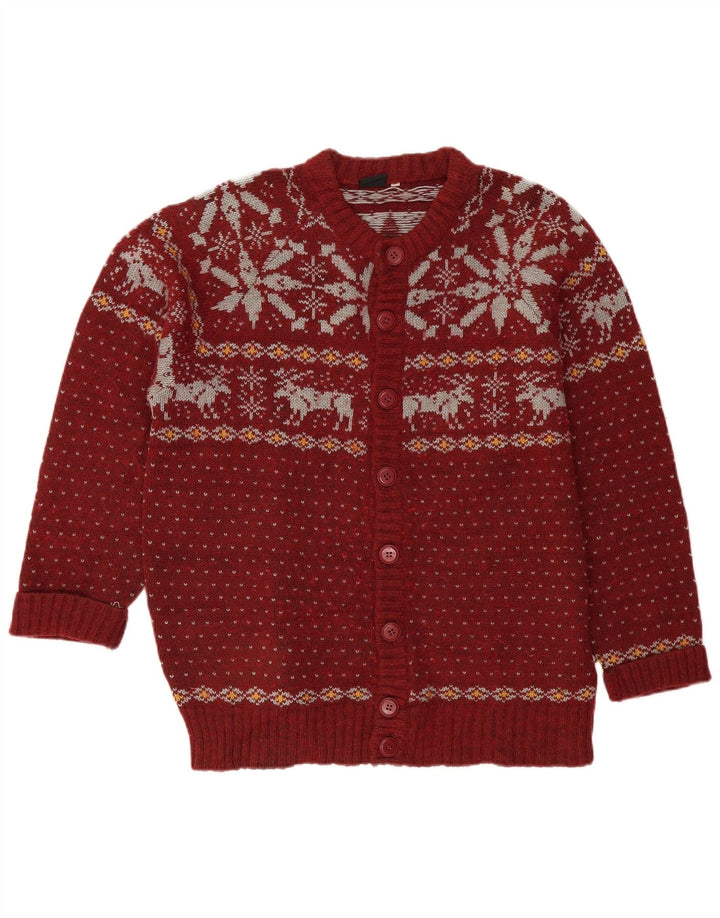 VINTAGE Mens Cardigan Sweater Large Burgundy Fair Isle Wool