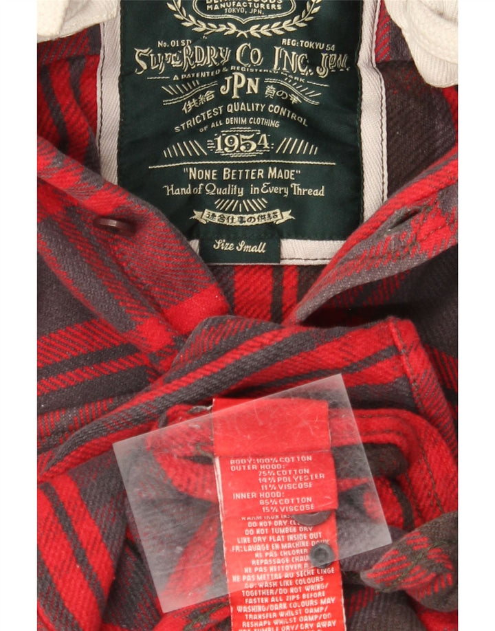SUPERDRY Mens Hooded Flannel Shirt Small Red Plaid Cotton