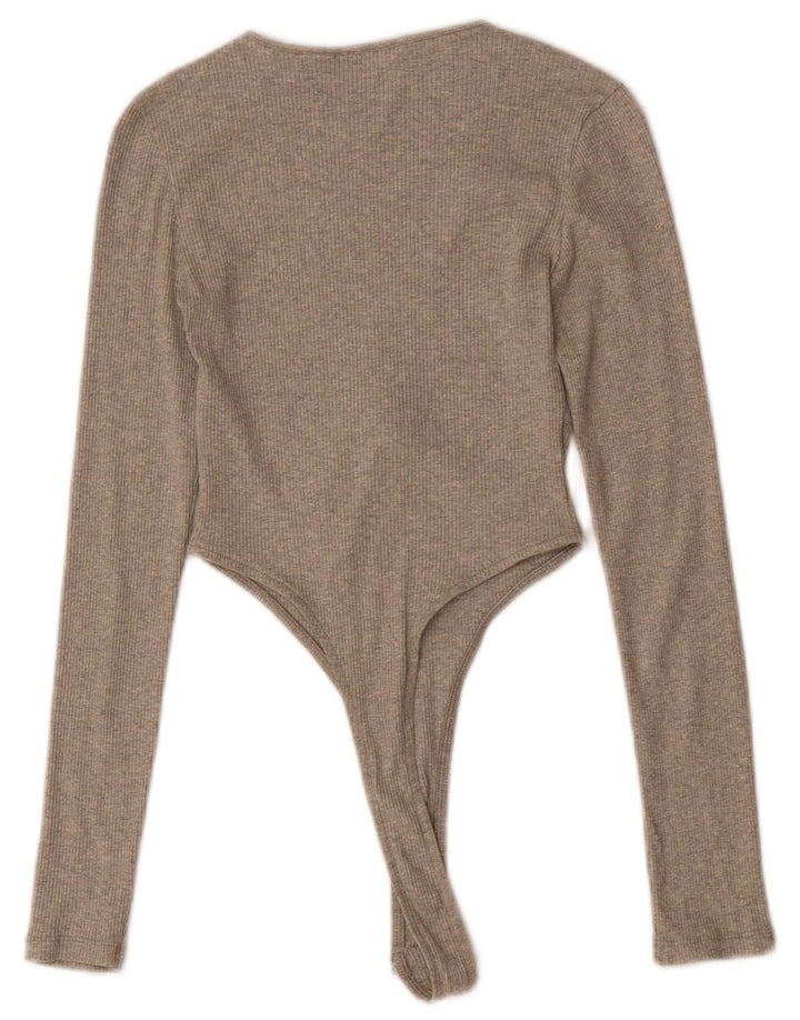 ZARA Womens Long Sleeve Bodysuit UK 8 Small Grey Cotton