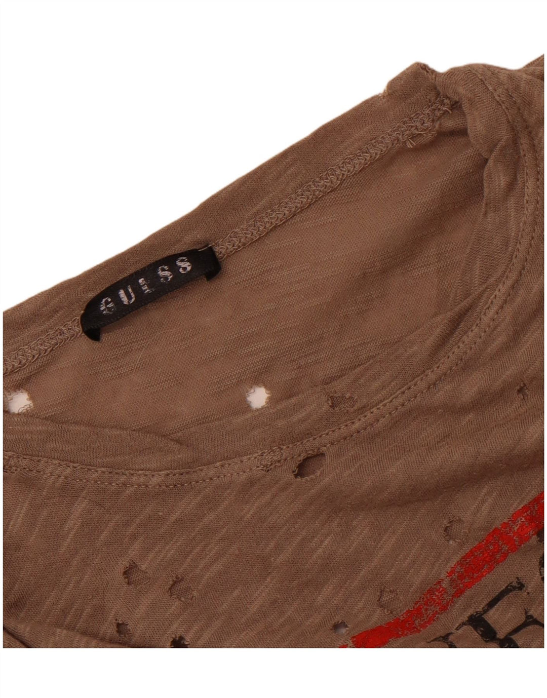 Guess Womens Perforated Graphic T-Shirt Top UK 14 Medium Brown