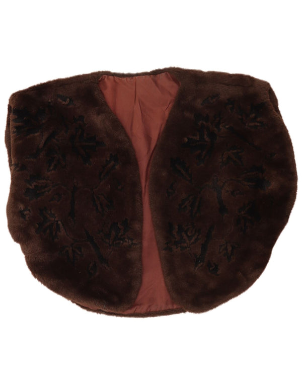 Vintage Womens Oversized Faux Fur Bolero Jacket UK 14 Medium Brown Floral