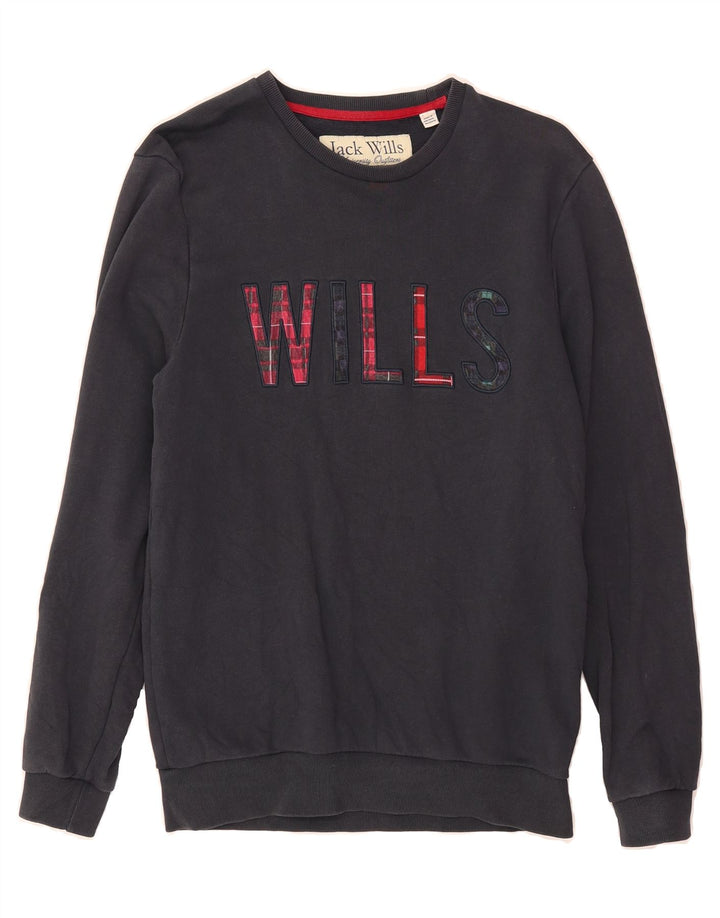 JACK WILLS Mens Graphic Sweatshirt Jumper Small Navy Blue Cotton Vintage Jack Wills and Second-Hand Jack Wills from Messina Hembry 