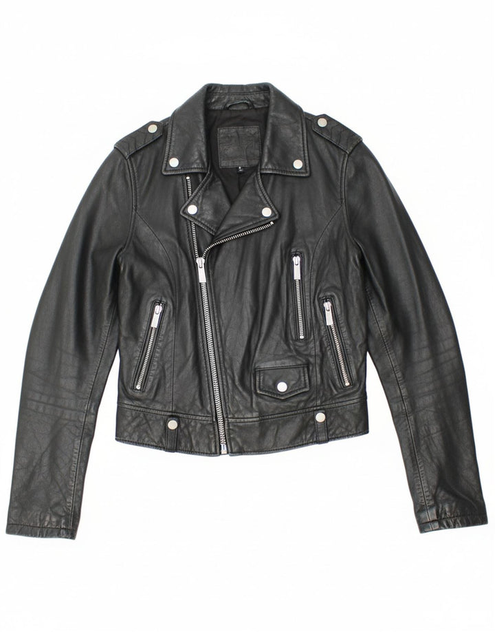 BERSHKA Womens Crop Leather Biker Jacket UK 10 Small Black Leather