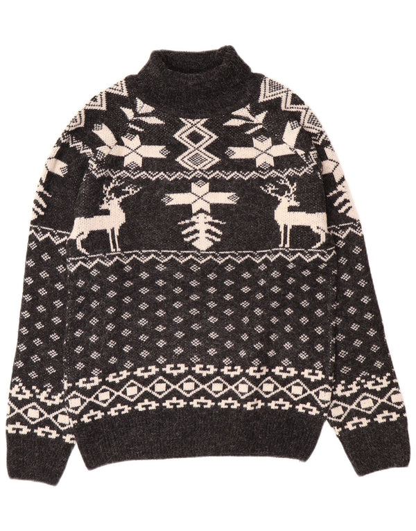 Aton Mens Turtle Neck Jumper Sweater Medium Black Fair Isle Christmas