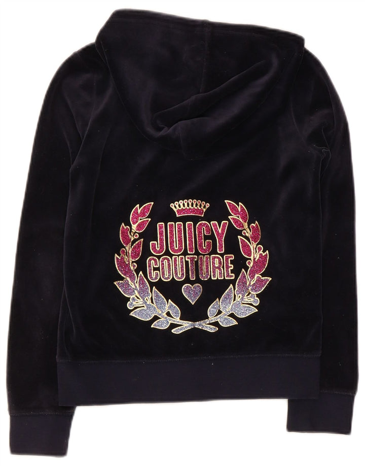 JUICY COUTURE Girls Graphic Zip Hoodie Sweater 9-10 Years Navy Blue Cotton