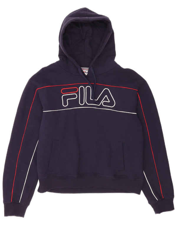 Fila Womens Graphic Hoodie Jumper UK 12 Medium Navy Blue Cotton