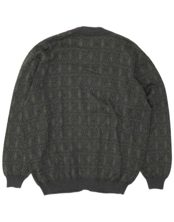 Vintage Mens Cardigan Sweater Large Green Geometric Wool