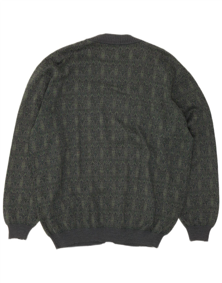 Vintage Mens Cardigan Sweater Large Green Geometric Wool