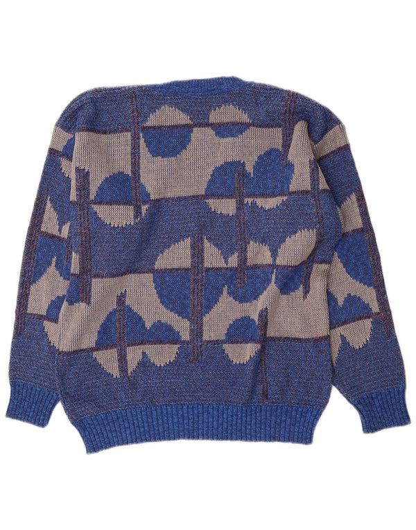 Vintage Mens V-Neck Jumper Sweater IT 50 Medium Blue Geometric Cotton
