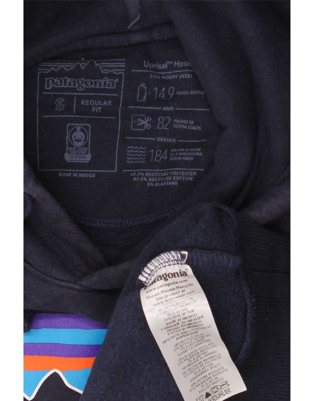 PATAGONIA Mens Regular Fit Graphic Hoodie Jumper Small Navy Blue Cotton