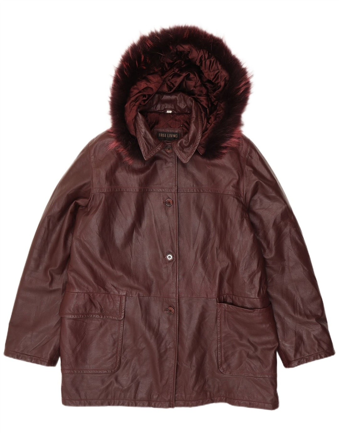 Vintage Womens Oversized Hooded Leather Coat IT 50 XL Maroon Leather