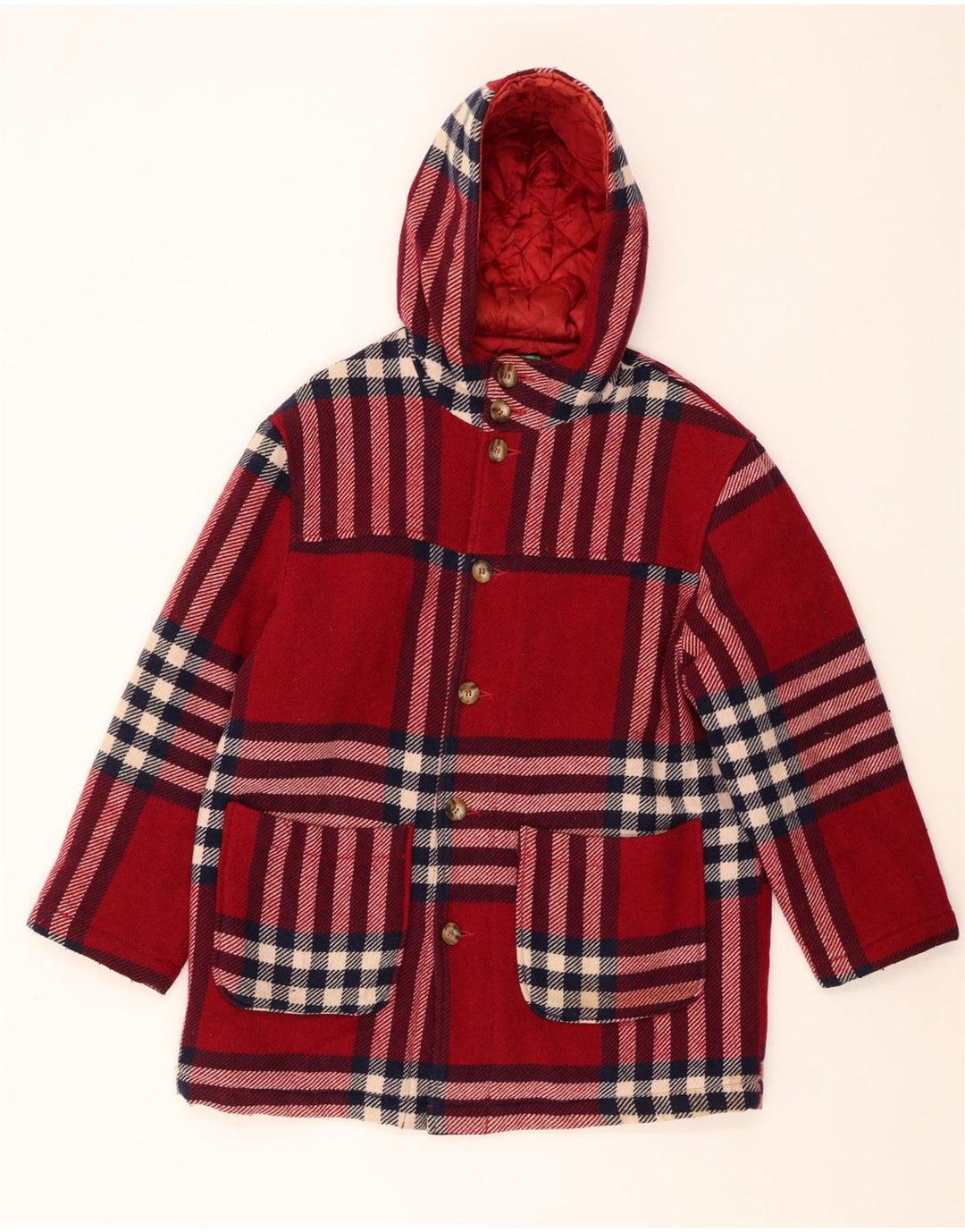 BENETTON Womens Hooded Overcoat UK 18 XL Red Plaid Wool