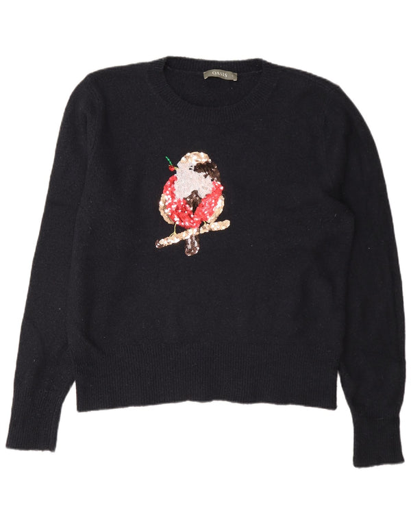 Oasis Womens Graphic Crew Neck Jumper Sweater UK 16 Large Navy Blue Acrylic