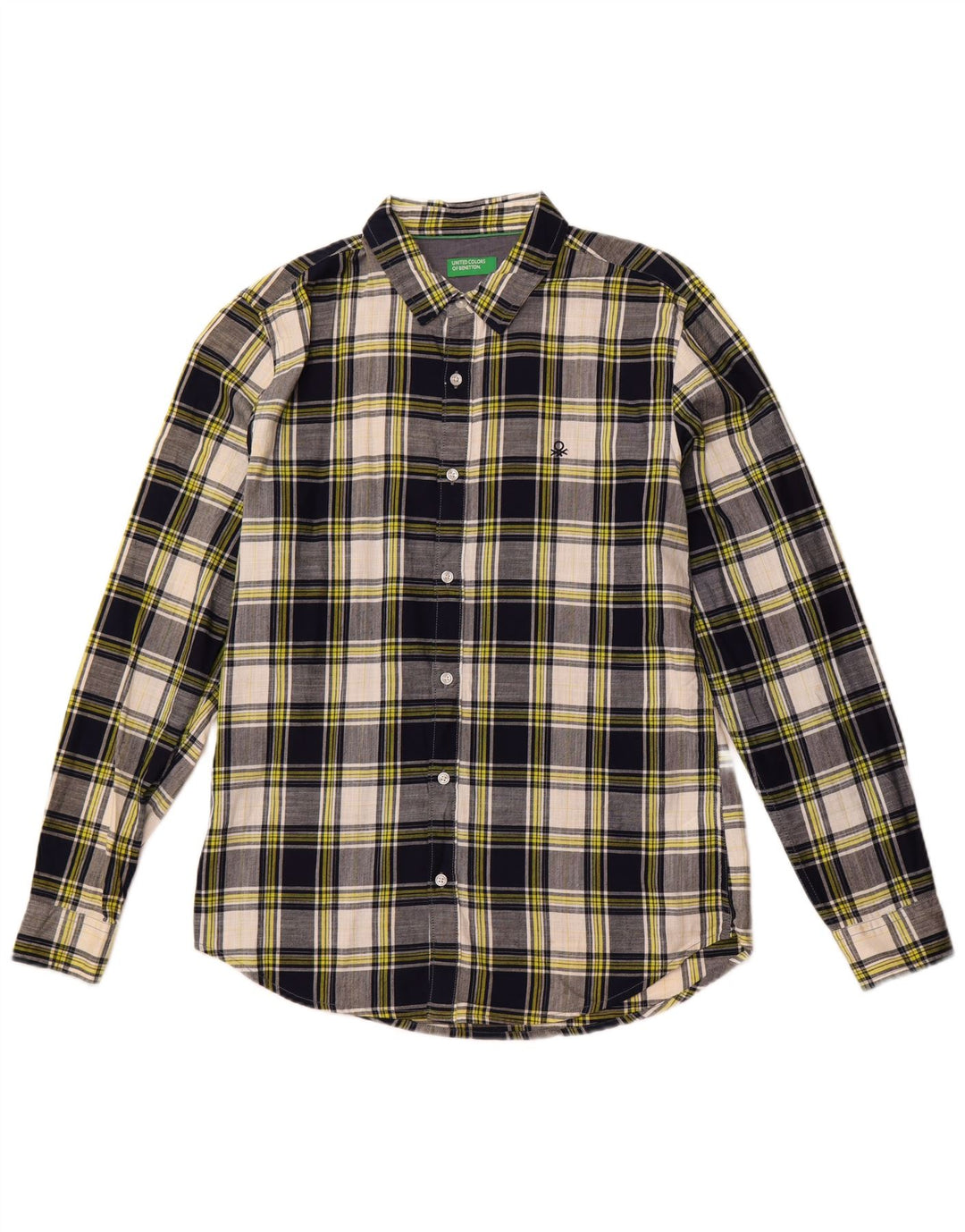 Benetton Mens Checked  Shirt Large Navy Blue Check Cotton