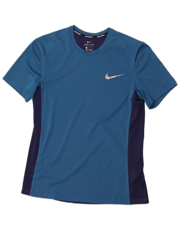 NIKE Mens Dri Fit T-Shirt Top Medium Blue Colourblock Polyester