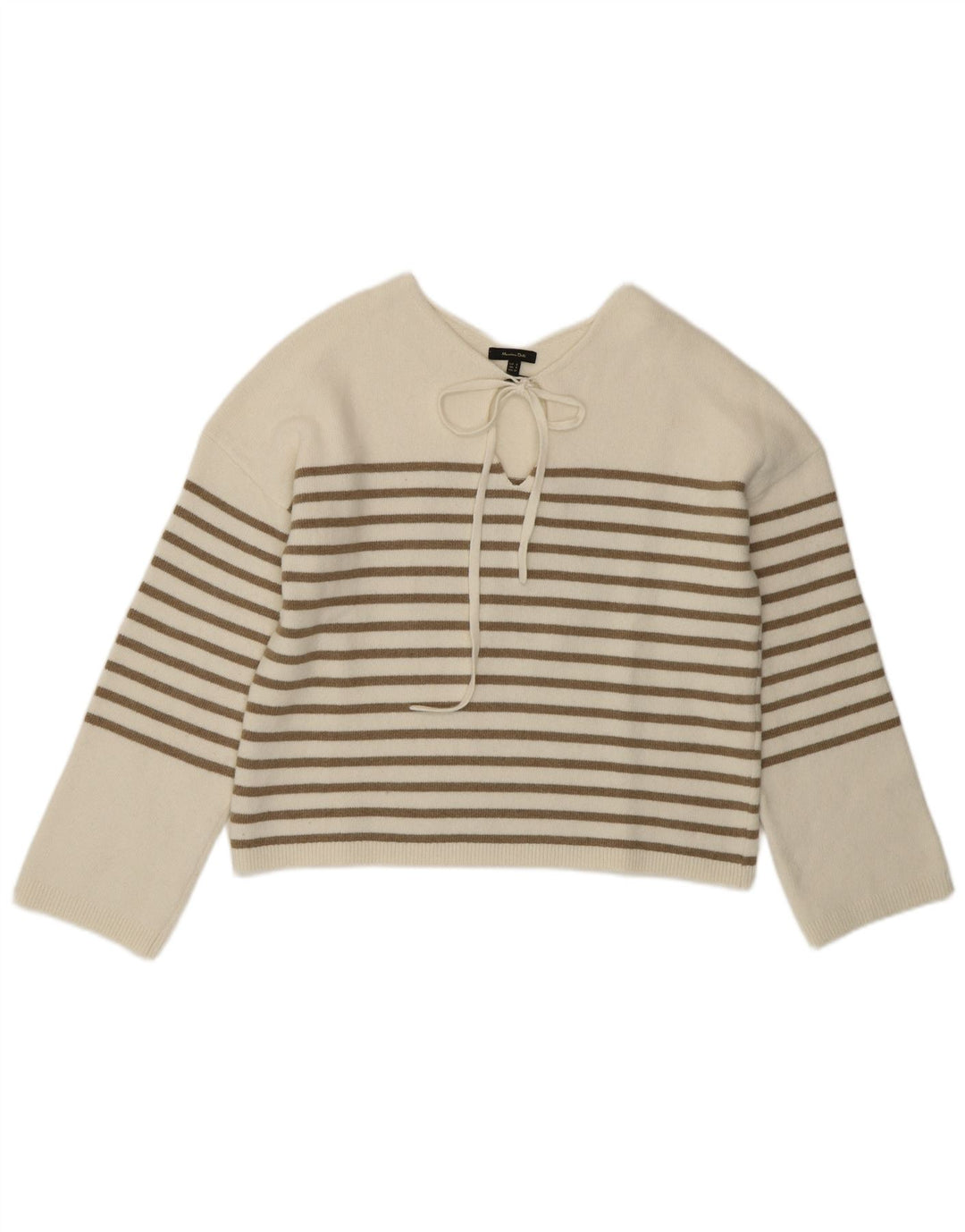 MASSIMO DUTTI Womens Crop V-Neck Jumper Sweater UK 10 Small White Striped