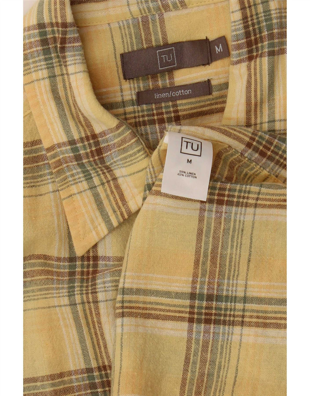 Vintage Mens Short Sleeve Shirt Medium Yellow Check Linen