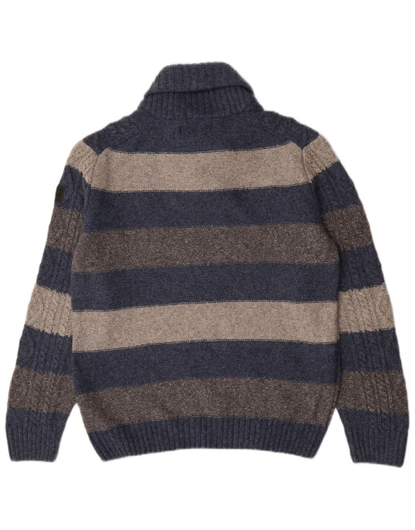 Marlboro Classics Mens Shawl Neck Jumper Sweater Large Blue Striped Wool