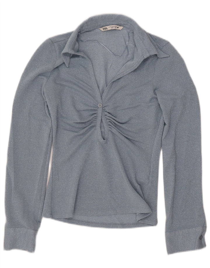 ZARA Womens Long Sleeve Blouse Top UK 6 XS Blue Viscose