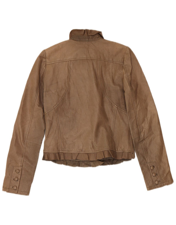 Vintage Womens Crop Leather Jacket UK 10 Small Beige