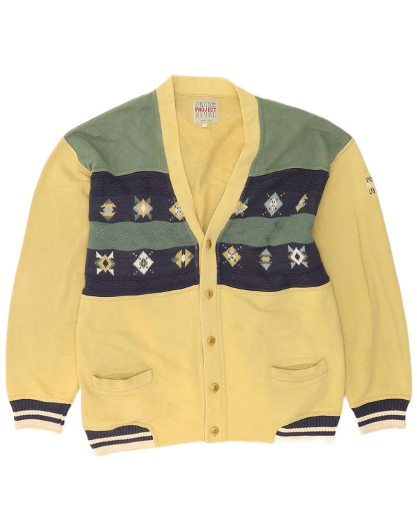 Project Mens Cardigan Sweater Large Yellow Colourblock Cotton