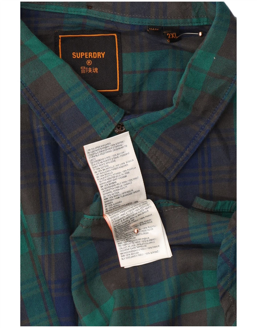 SUPERDRY Mens Flannel Shirt 2XL Green Check Cotton