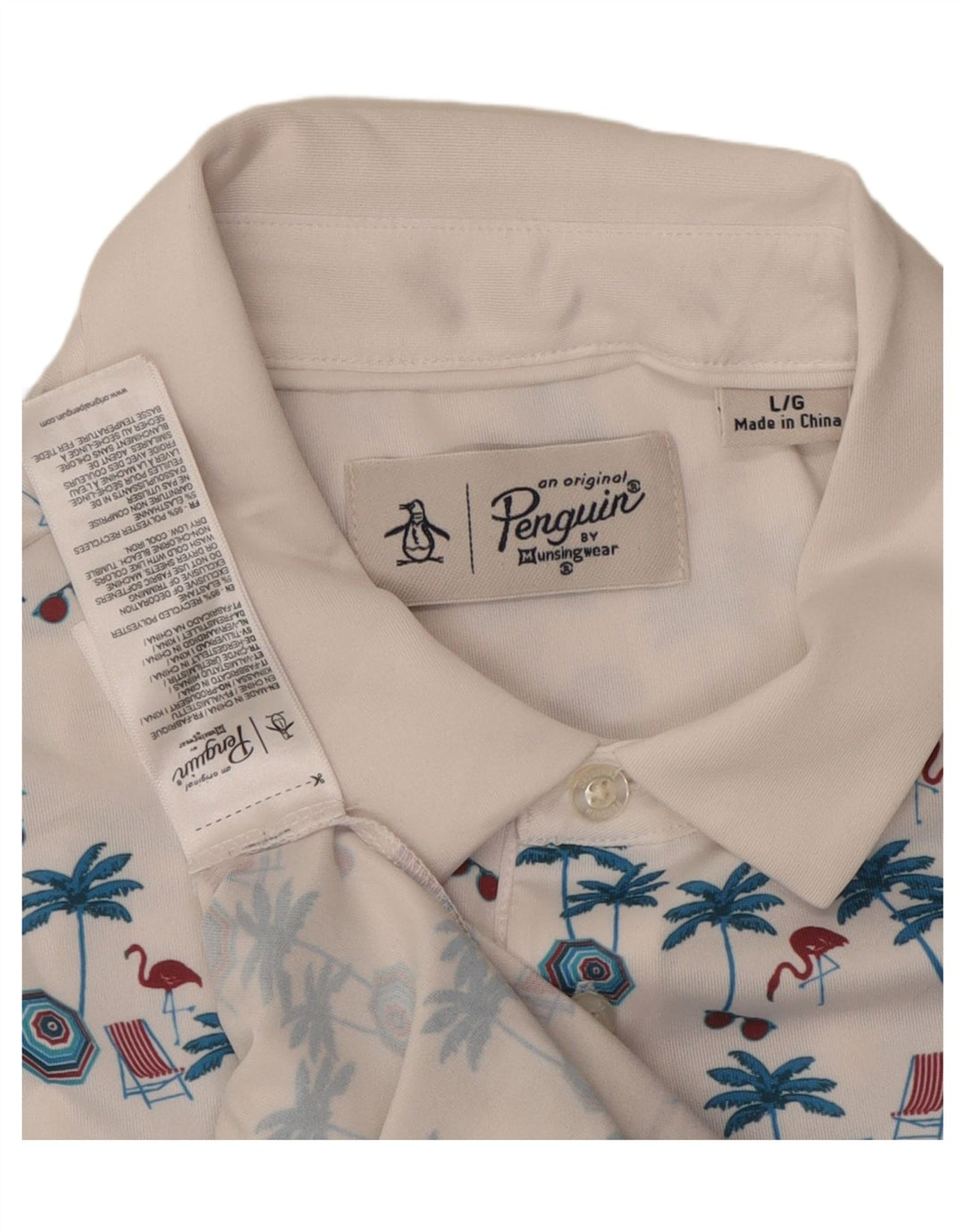 PENGUIN Mens Graphic Polo Shirt Large White Polyester Hawaiian Vintage Penguin and Second-Hand Penguin from Messina Hembry 