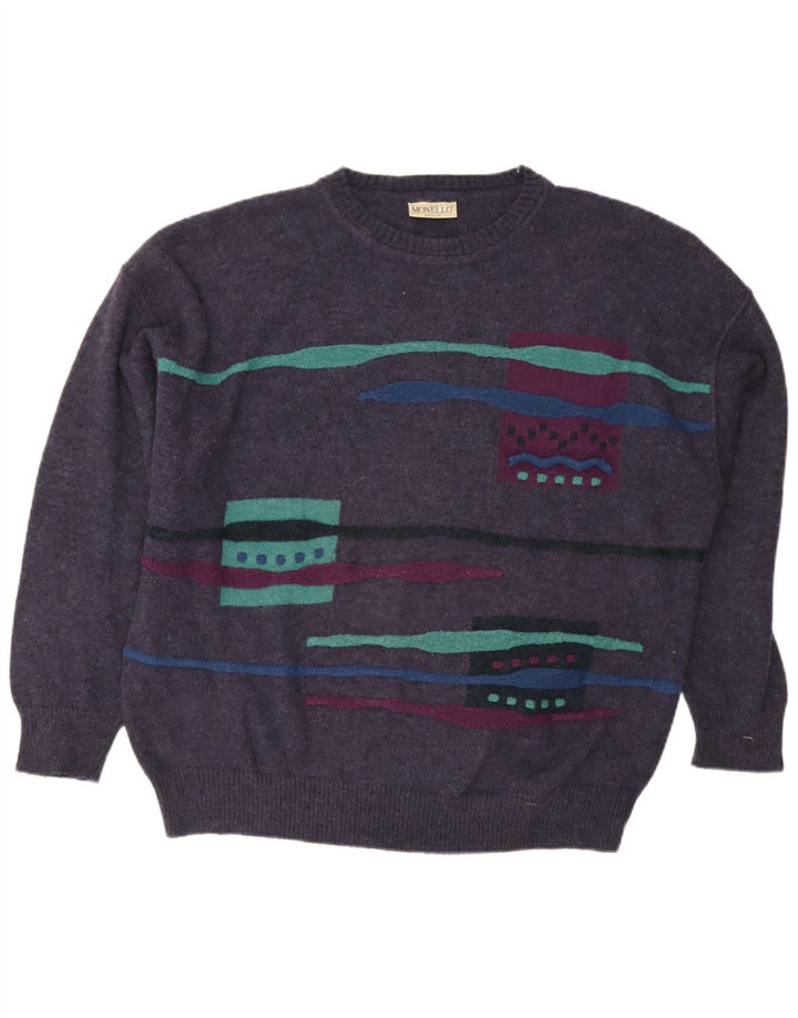 Monello Mens Crew Neck Jumper Sweater XL Purple Geometric Wool