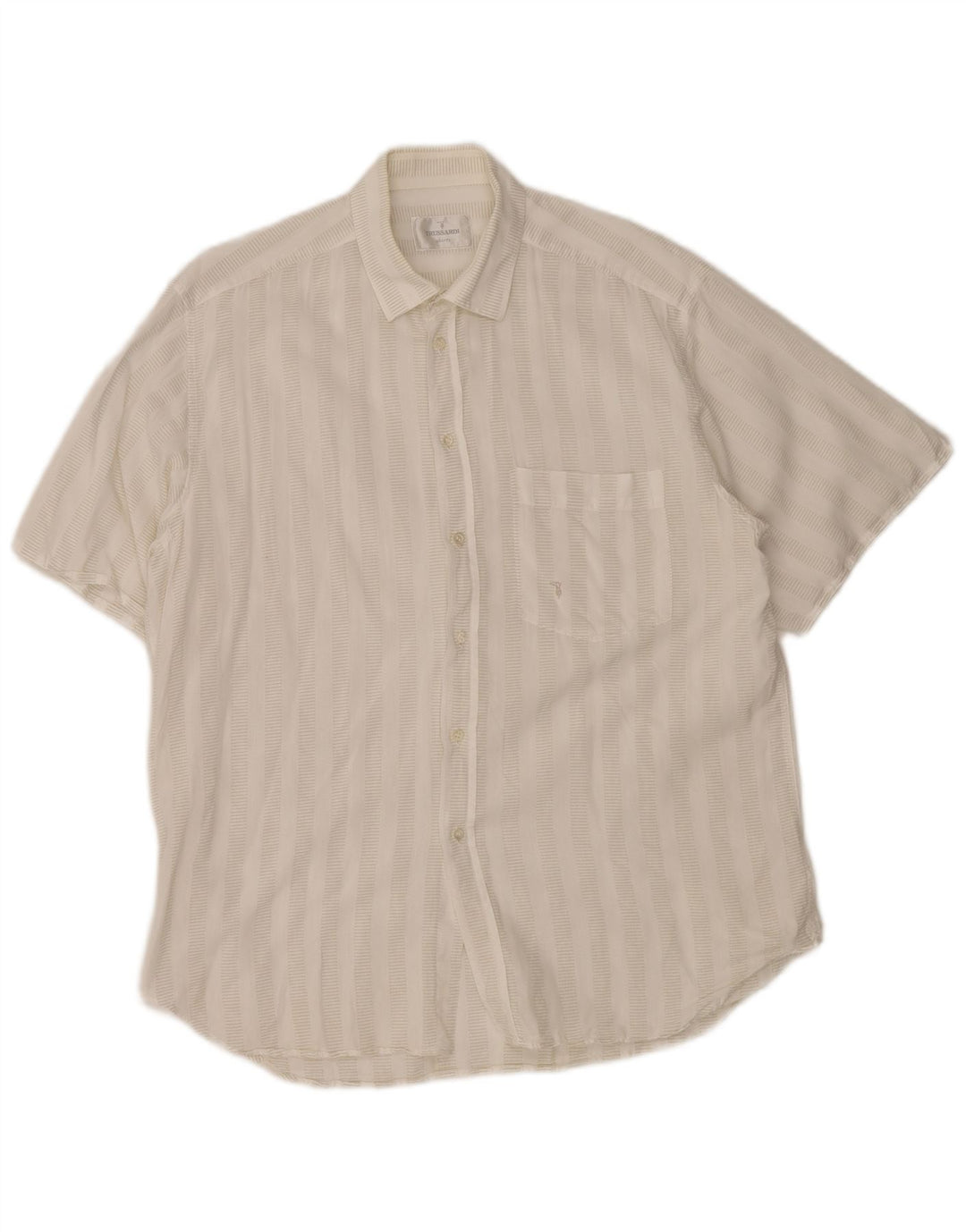 Trussardi Mens Short Sleeve Shirt Size 40 15 3/4 Medium Off White Striped