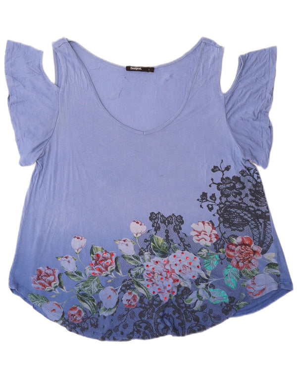 Desigual Womens Graphic Off Shoulder Top UK 16 Large Blue Floral