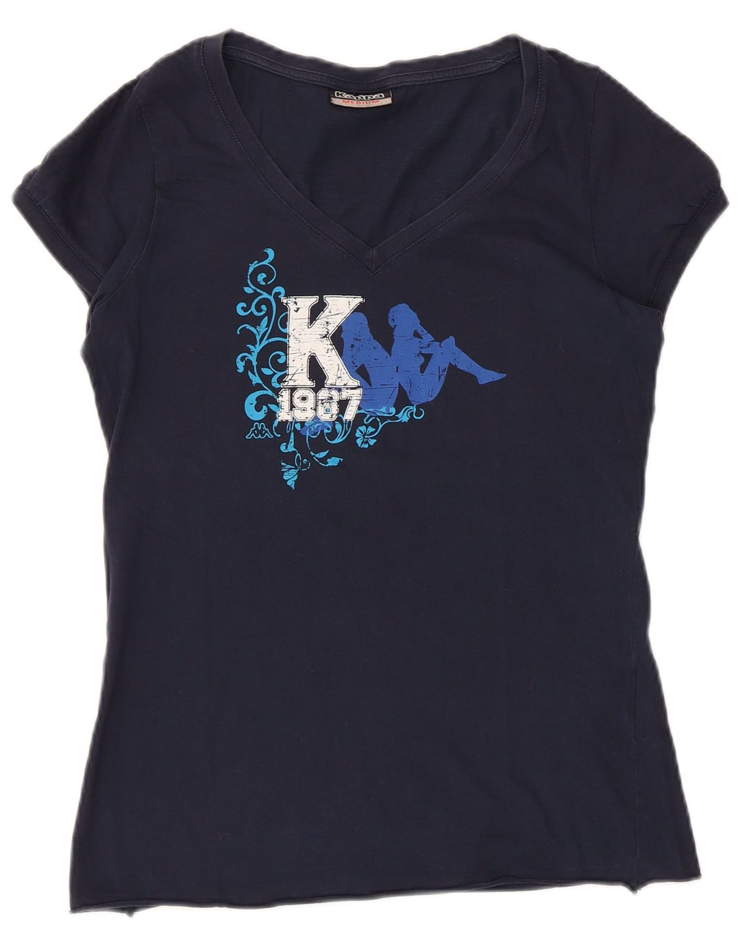 KAPPA Womens Graphic T-Shirt Top UK 12 Medium Navy Blue Cotton
