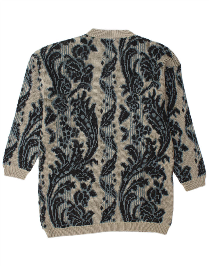 BENETTON Mens Longline Crew Neck Jumper Sweater IT 46 Large Grey Floral